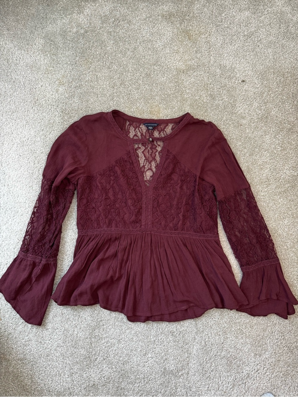 American Eagle Outfitters Lace Inset Peasant Blouse - Burgundy